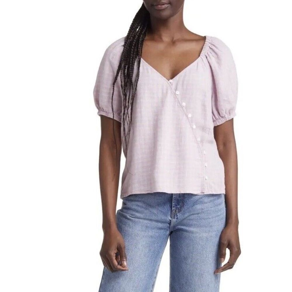 Madewell Linen-Blend Puff-Sleeve Button-Wrap Top in Plaid Lavender 3x